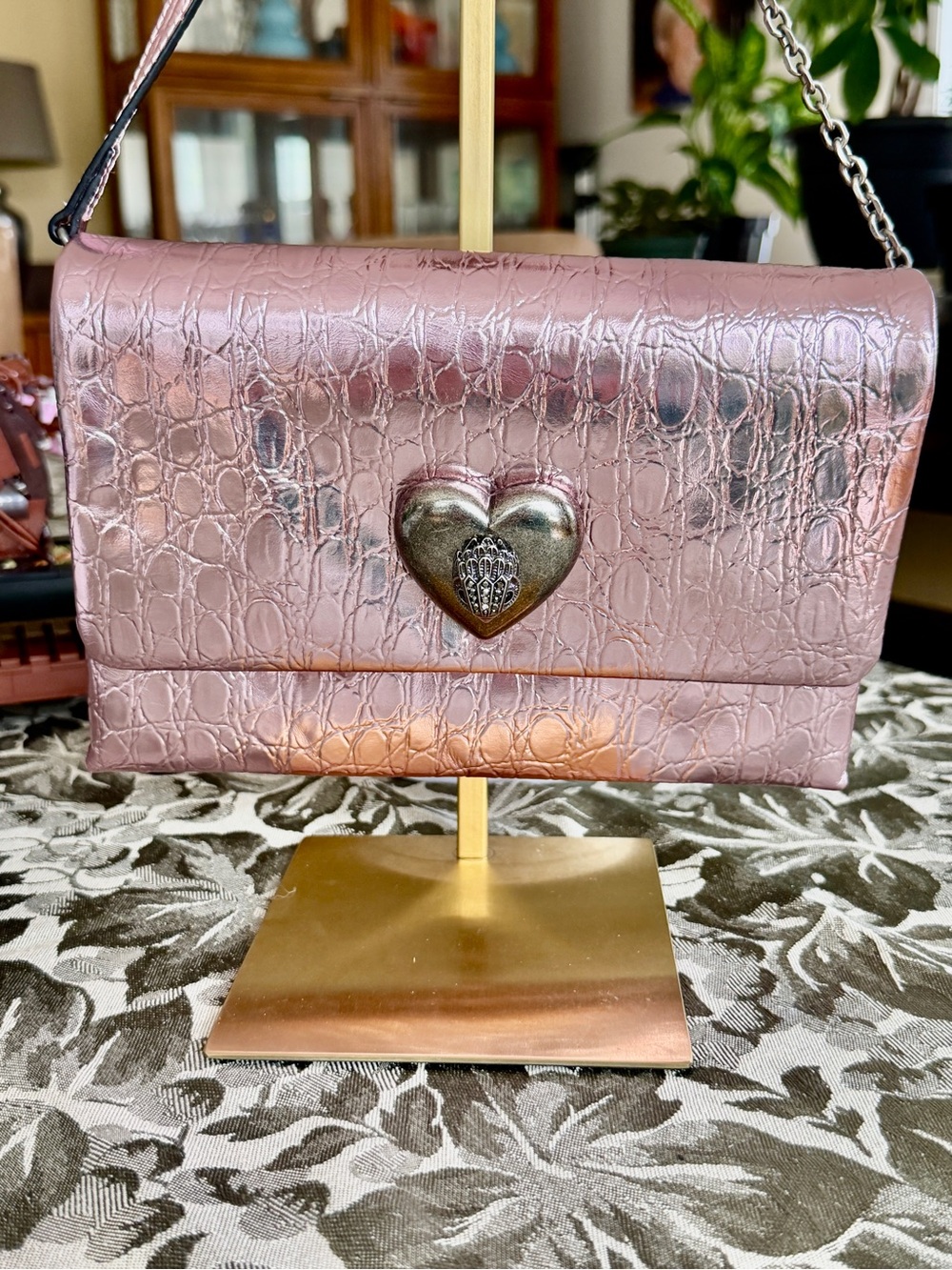 Kurt Geiger Metallic Pink Croc-Embossed Heart Flap Shoulder Bag EUC